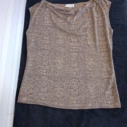 Calvin Klein jerseyn knit draped neck blouse Sz M bronze metallic reptile print
