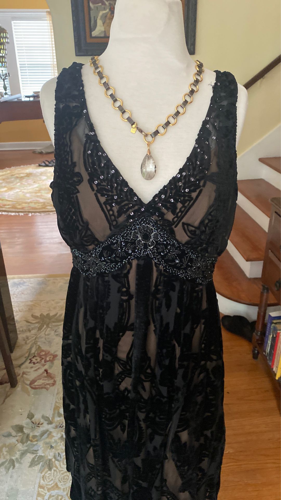 I/e designer black dress V-neck with sequins nearly full length size 12