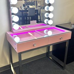 Pink Vanity Set - Hollywood Mirror & LED Table