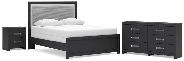 Maeling Black Queen Upholstered Panel Bed, Dresser and Nightstand