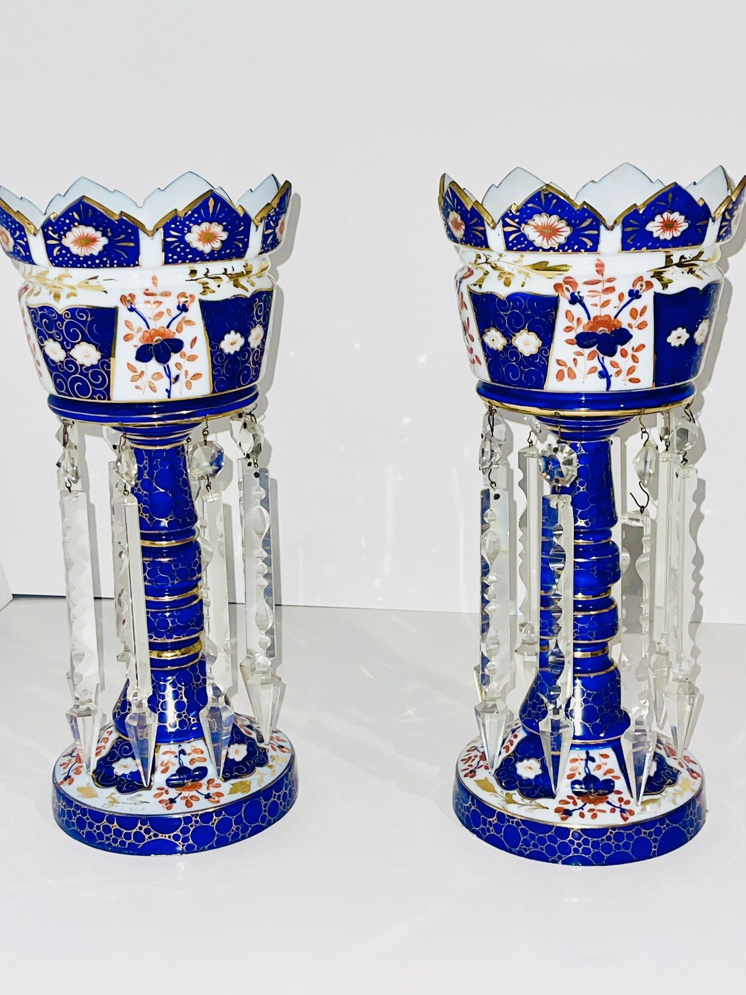 LARGE PAIR OF ANTIQUE GILDED BOHEMIAN OVERLAY CRYSTAL GLASS LUSTRES