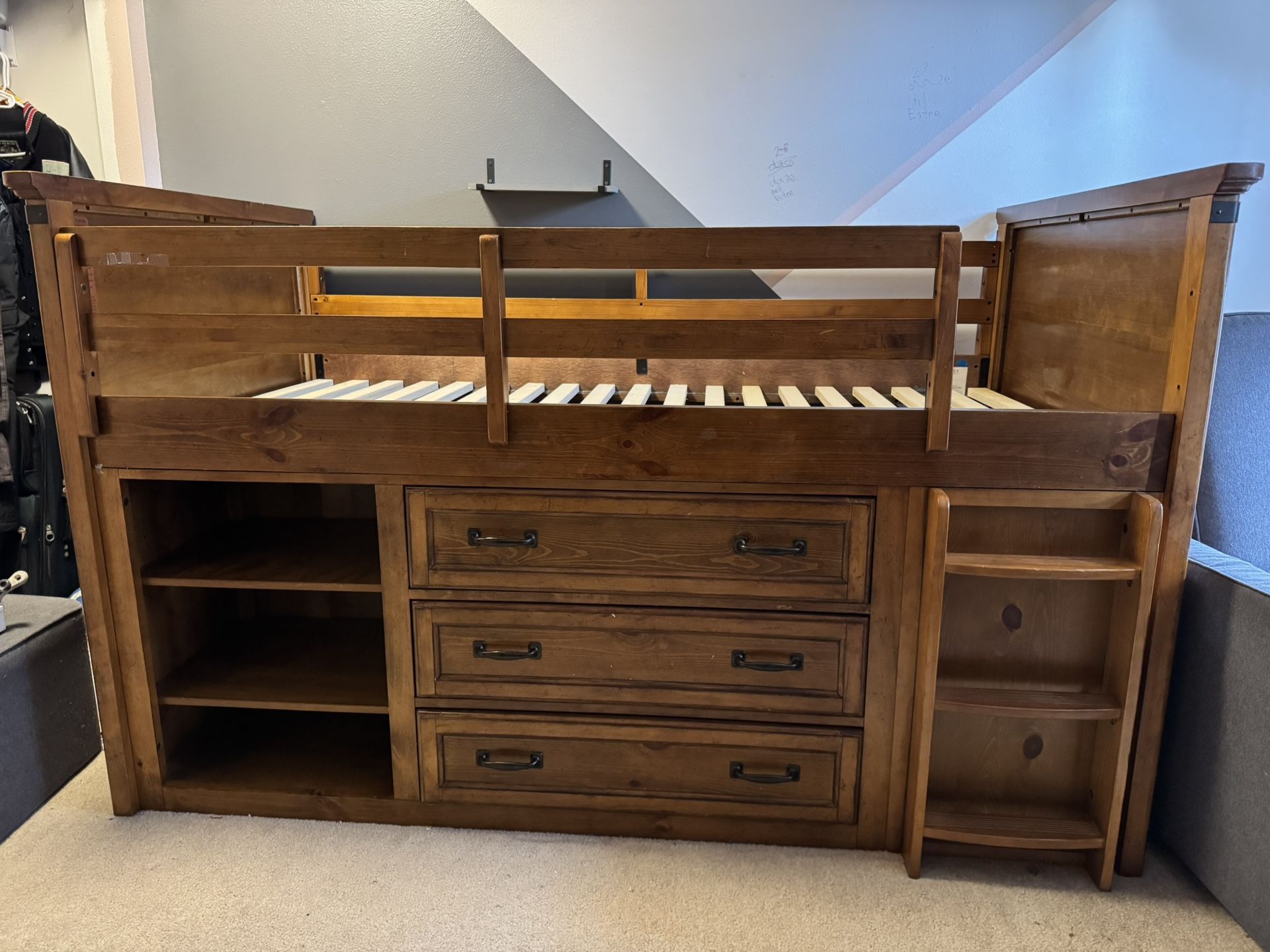 Lofted Twin Bed Frame With But In Drawers, shelves