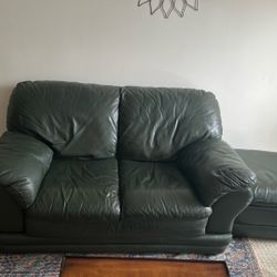 Green Leather Sofa Set – Loveseats + Chair + Matching Ottomans – Gently Used, Great Condition!