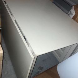 Solid Wood Table- Lg Drop Leaf Either Side, Simple Unadorned Style,Dove Gray Paint-EUC!Fold/Prop Leaf Either/Both Sides(3Configurations) CRAFTS,Dining