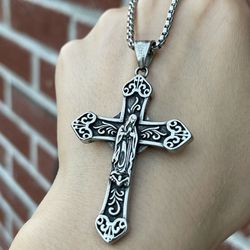 Mens Catholic Virgin Mary Our Lady Of Guadelupe Cross stainless steel Pendant Necklace