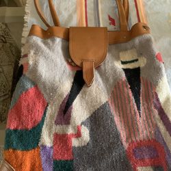 Vintage Handwoven Wool And Leather Pictorial Purse Equador