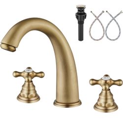 Aolemi Widespread Bathroom Faucet 3 Hole Sink Faucet 8 Inch Two Cross Handles Solid Brass Deck Mount Pop Up Drain Assembly Included Curved Spout Antiq