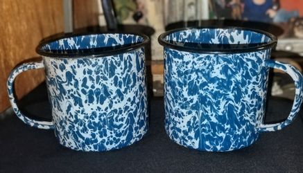 Vintage Blue & White Marble Swirl Graniteware Enamelware Mugs Set of 2