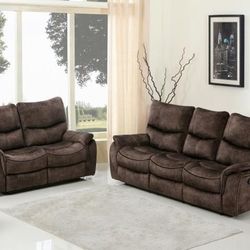 New Reclining Couch / Love Seat . Dark Brown Palomino Fabric. 84 X 40 X 40H; 63 X 40 X 40H. Free Delivery !
