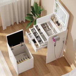 B862 $110  3-in-1 Vanity Desk with Flip Top LED Light Mirror and Glass Desktop, Small Makeup Vanity with 3 Drawers, Compact Dressing Table with Stool 