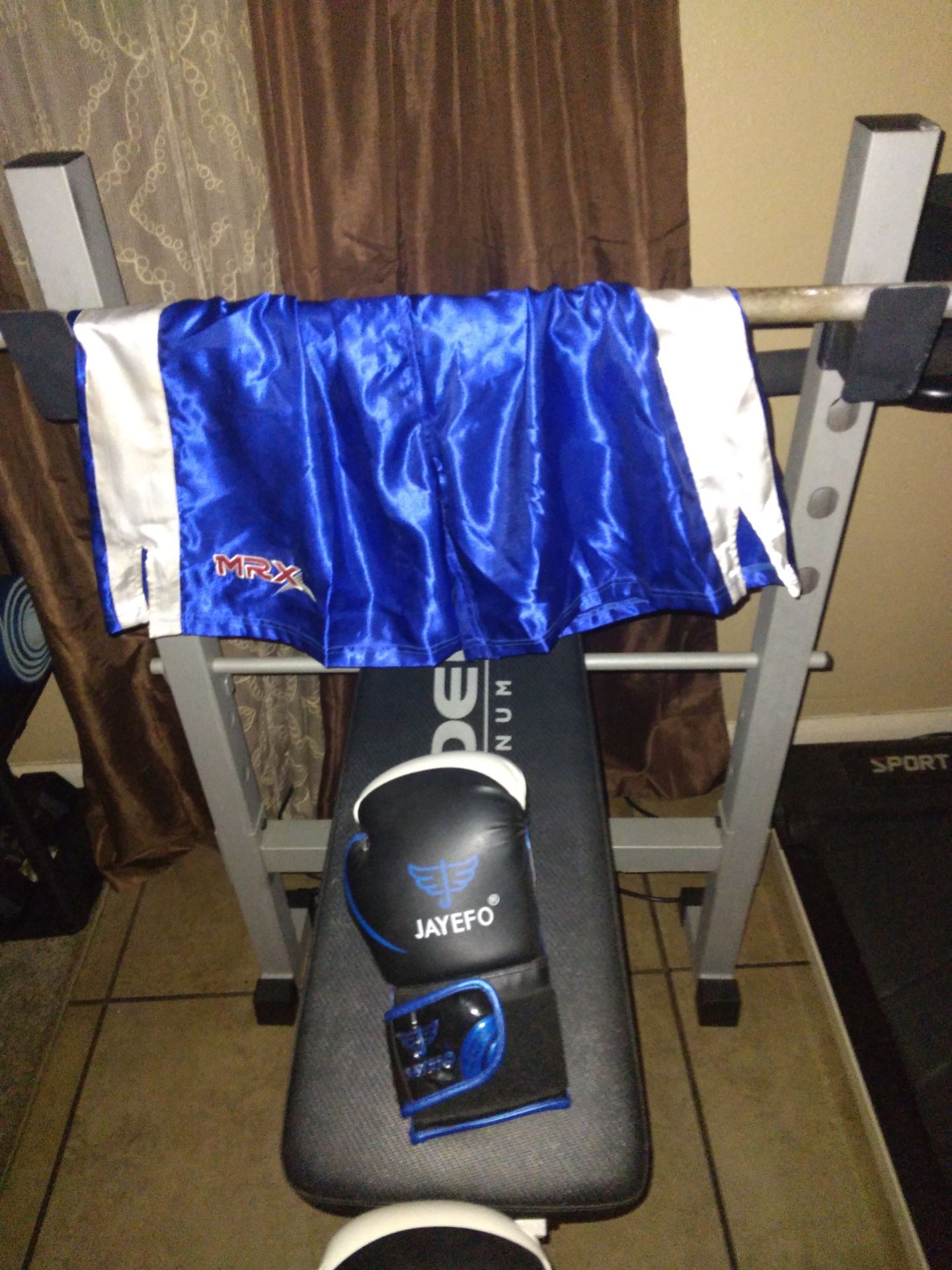 Boxing gloves and trunks