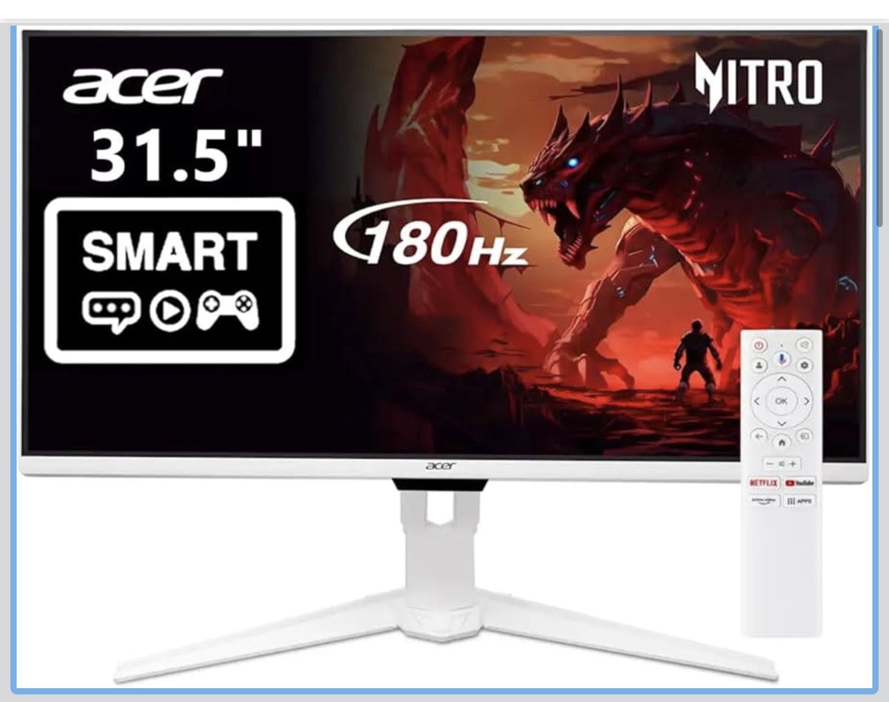 Nitro Gaming Smart Monitor with Google TV | 31.5” WQHD 2560 x 1440 | AMD FreeSync | Up to 180Hz | 1ms (VRB) | 1 x USB Type-C Port, 1 x Display Port 1.