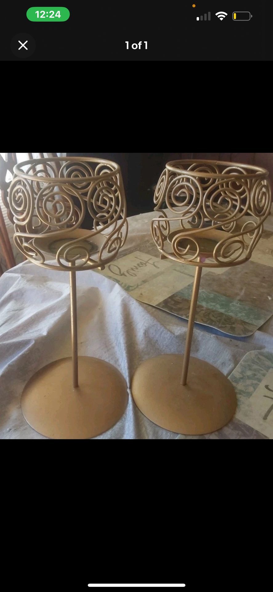 antique Candle Holders Set Of Two Metal Painted Gold