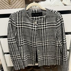 Zara Tweed Jacket Black White Cropped Blazer XS Classic Chic