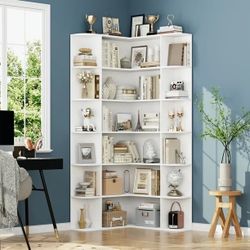 73.9” Tall Corner Bookshelf, 6 Tier L-Shaped Large Display Bookcase with Curved Edges for Living Room Home Office Study, White