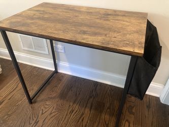 Modern desk Or Entryway Table( Black Metal Frame) Stained Wood Top With File Bag