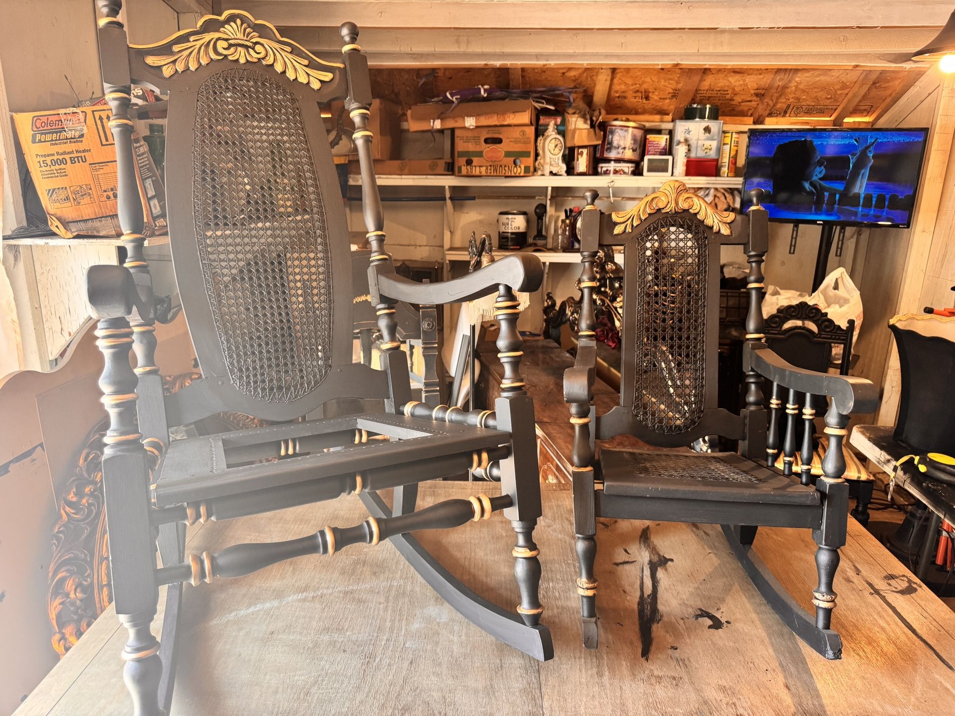 Set of vintage gothic Victorian carved rocking chairs adult and child matching
