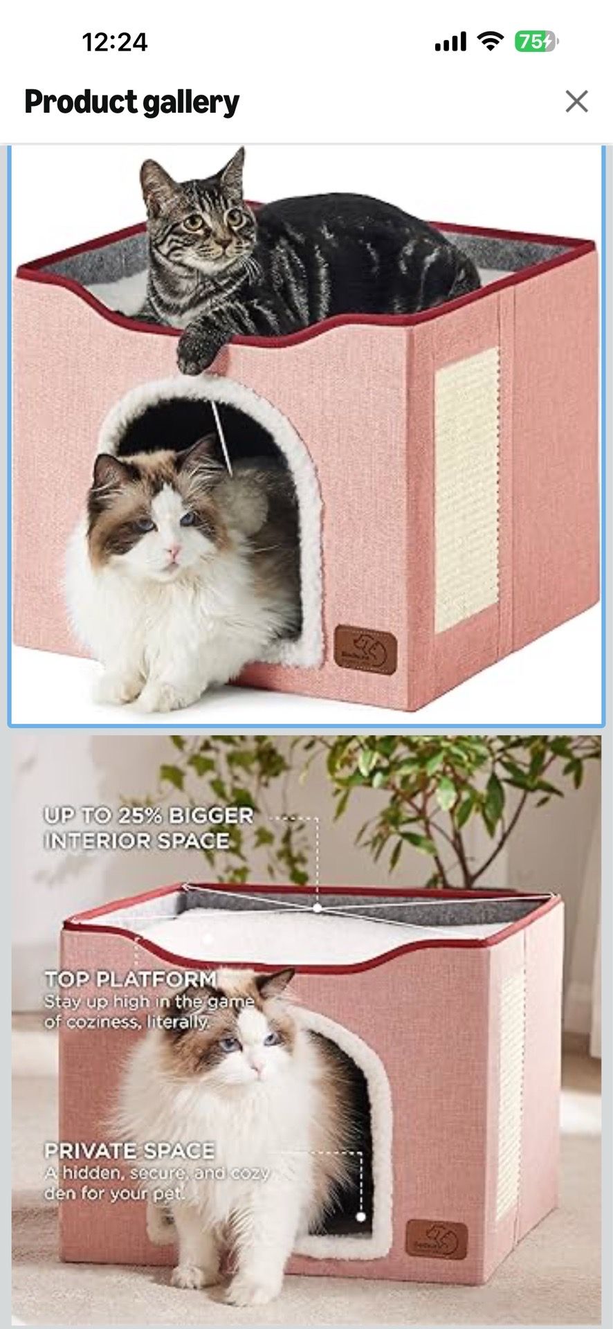 Bedsure Cat Beds for Indoor Cats - Large Cat Cave for Pet Cat House with Fluffy Ball Hanging and Scratch Pad, Foldable Cat Hideaway,16.5x16.5x13 inche