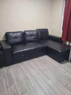 Leather Sleeper Sofa with Storage Chaise - Black