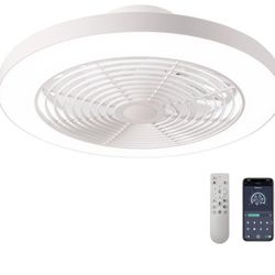 Low Profile Ceiling Fan - 19.7" Smart Bladeless,3 Colors Dimmable LED 6 Speeds 8 Blades Enclose Ceiling Fans with Light and Remote for Adult Kids Livi