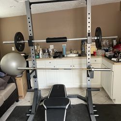 Squat Rack, Bench,weights, And Medicine Ball