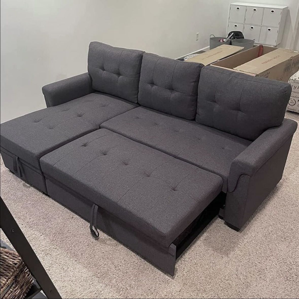 Dark Gray Linen 84" Sectional Sleeper Sofa with Reversible Storage Chaise