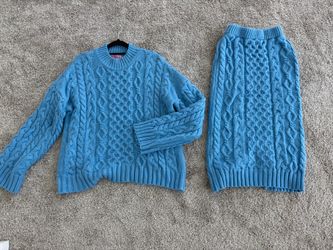 Chunky Cable-Knit Sweater & Matching Midi Skirt Set - Cozy Blue Soft Knit (One Size)