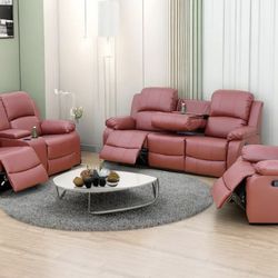 Red leather fully reclining three piece couch set