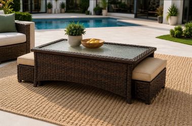 Brown Outdoor Wicker Coffee Table with 2 Nesting Ottomans – Tempered Glass Top, Patio Table