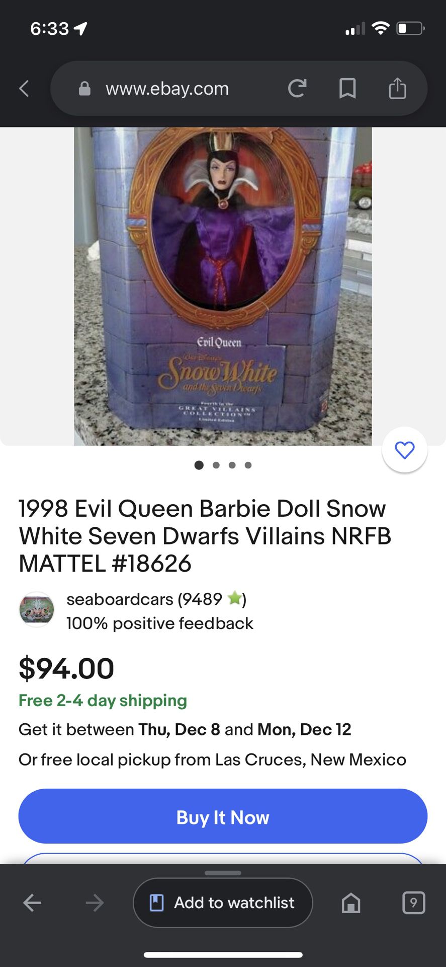 Vintage Snow White Evil Queen Disney Barbie Great Villains Collection 1998