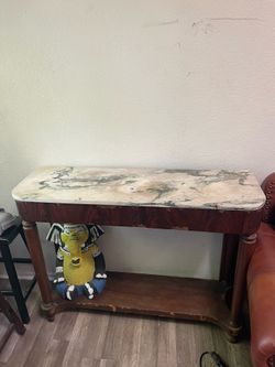 Rectangular Dark Wood Console Table Marble Top w/ Lower Shelf 47x15x36