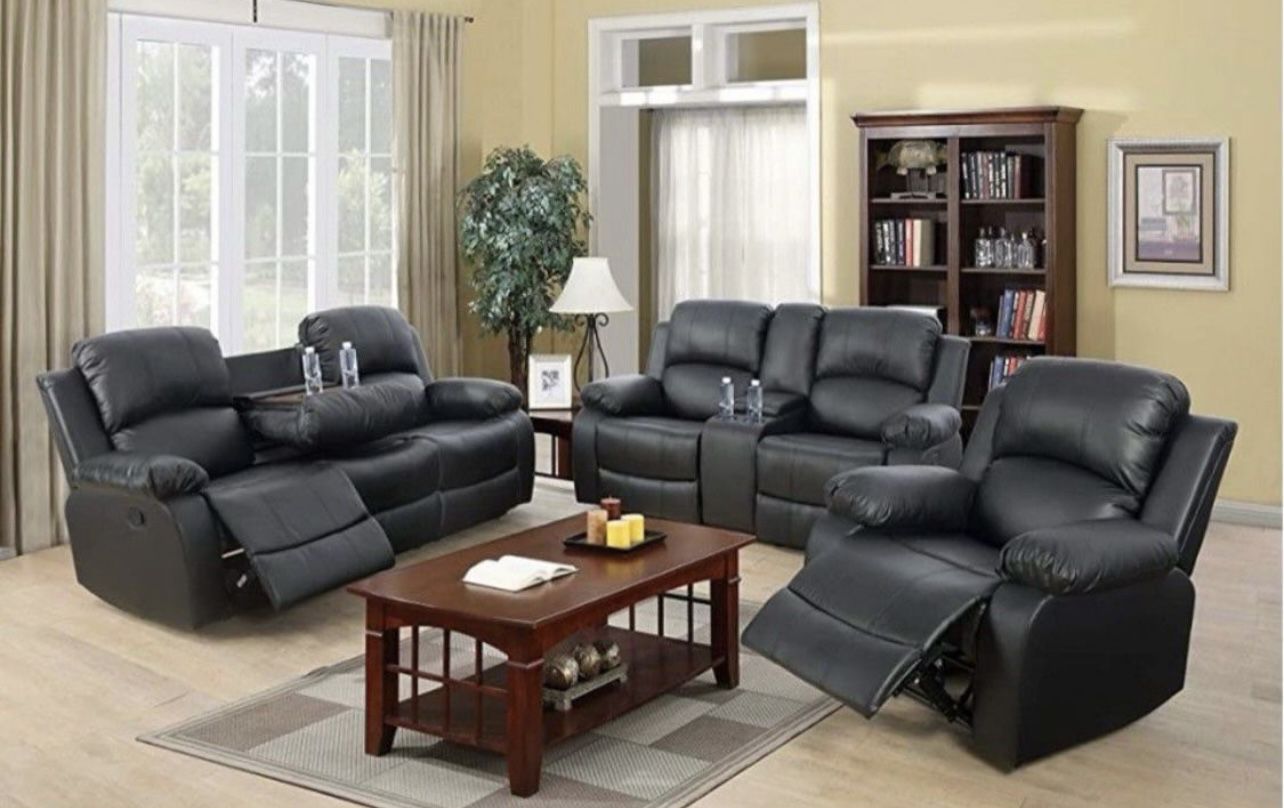 Black Leather Fully Reclining Three Piece Couch Set