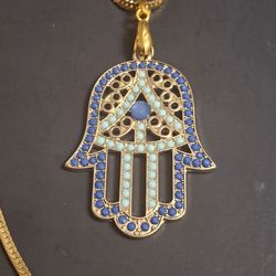 Gold Plated Hamsa Hand Pendant W/Blue & Lt Blue Stones On Napier Flat Herringbone 29" Goldtone Chain 1 7/8" X 1.5"