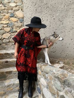 Red long artesanal shawl poncho