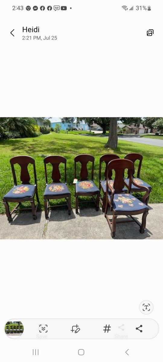 6 Vintage Chairs With Needlepoint Seats