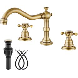 Bathroom Faucet 3 Hole 8 Inch Widespread Bathroom Sink Faucet 2 Cross Handles Vintage Lavatory Vanity Mixer Tap with Pop Up Drain, HOT Cold Label, Ant