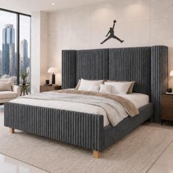 Queen Size Bed Frame with 51" Tall Headboard, Upholstered Corduroy Platform Bed, Gray.