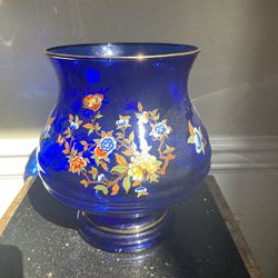 Vintage Bacchus Murano Glass Vase with 24K Gold Trim Cobalt Blue 8”T & 6”D