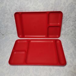 Set Of 2 Vintage Tupperware Red Lunch Tray 4 Compartment Rectangle Plate 1535-3