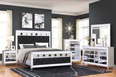 4 PC KING BEDROOM SET NEW IN BOX (MATTRESS AND CHEST SOLD SEPARATELY)