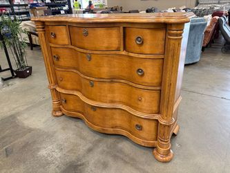 CENTURY Golden Finished Mahogany 6 Drawer Wavefront Dresser with Brass Hardware and Columned Sides
