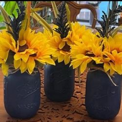 Chalk painted NAVY mason jar gift summer - SUNFLOWERS