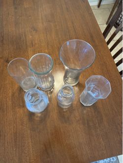 Set of 6 Glass Flower Vases  7- 9 Inches Tall, Various Sizes Brand New Many Uses