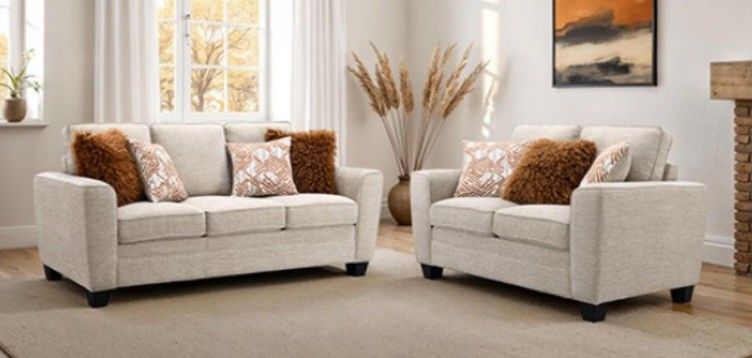 Brand New Taupe Super Plush Chenille Sofa & Loveseat (Pillows Included)