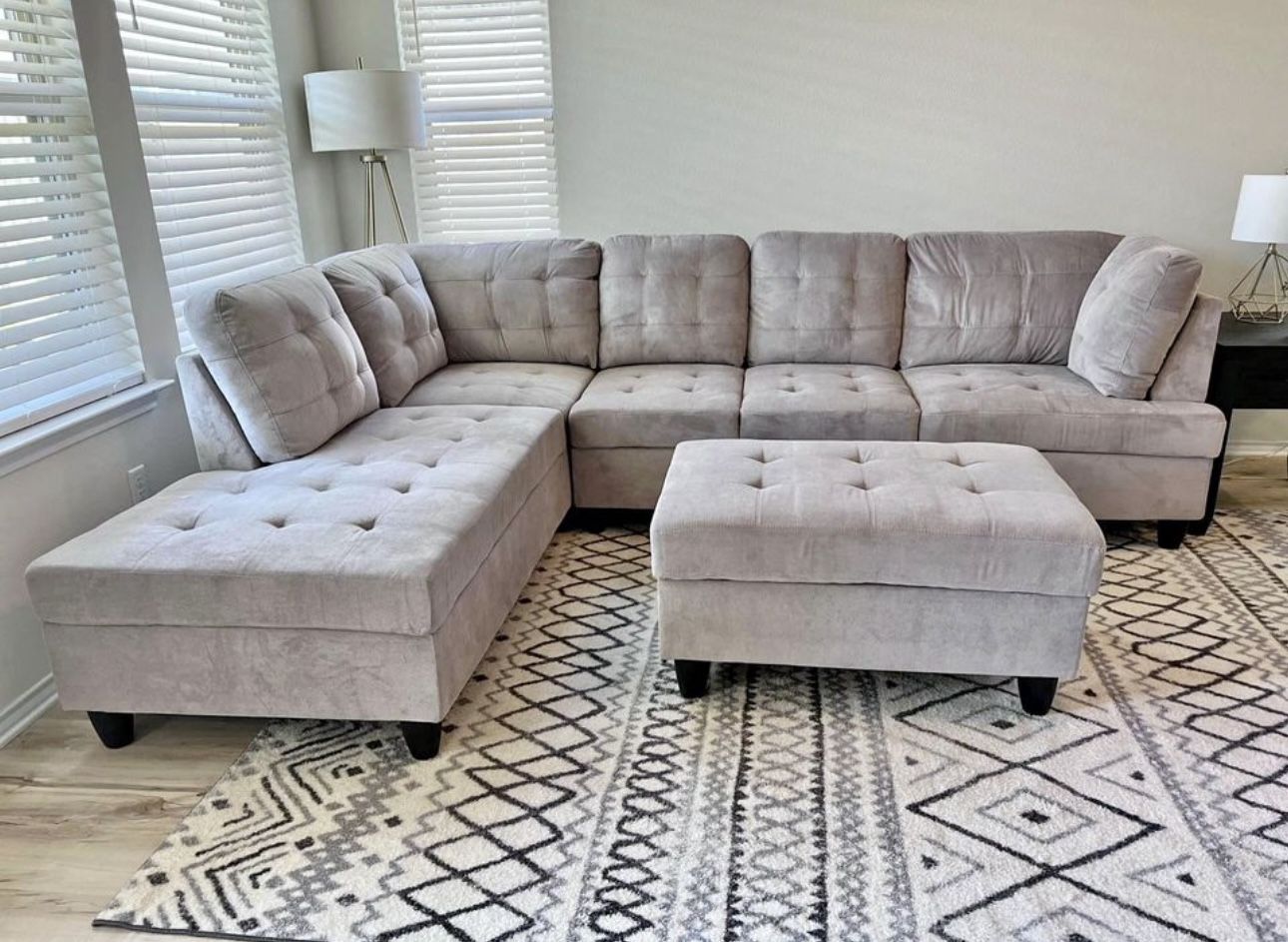 COSTCO Grey Chenille Sectional Couch And Ottoman