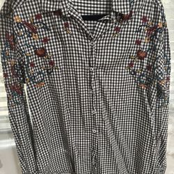 Embroidered Gingham Button Down Shirt