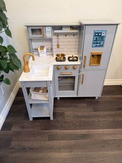 Kids Wooden Play Kitchen Set Gray & Gold