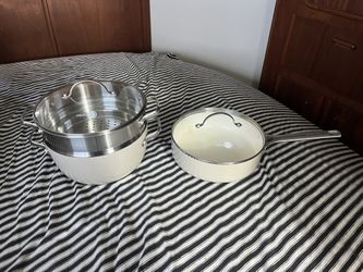 GREENPAN ceramic nonstick stockpot stainless steamer glass lid & sauté pan lid