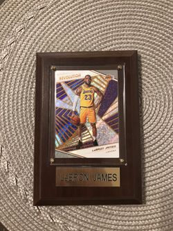2018-19 Panini Revolution LeBron James #40 1st Lakers Card PSA 9 Mint with wood frame and card covering labeled plaque