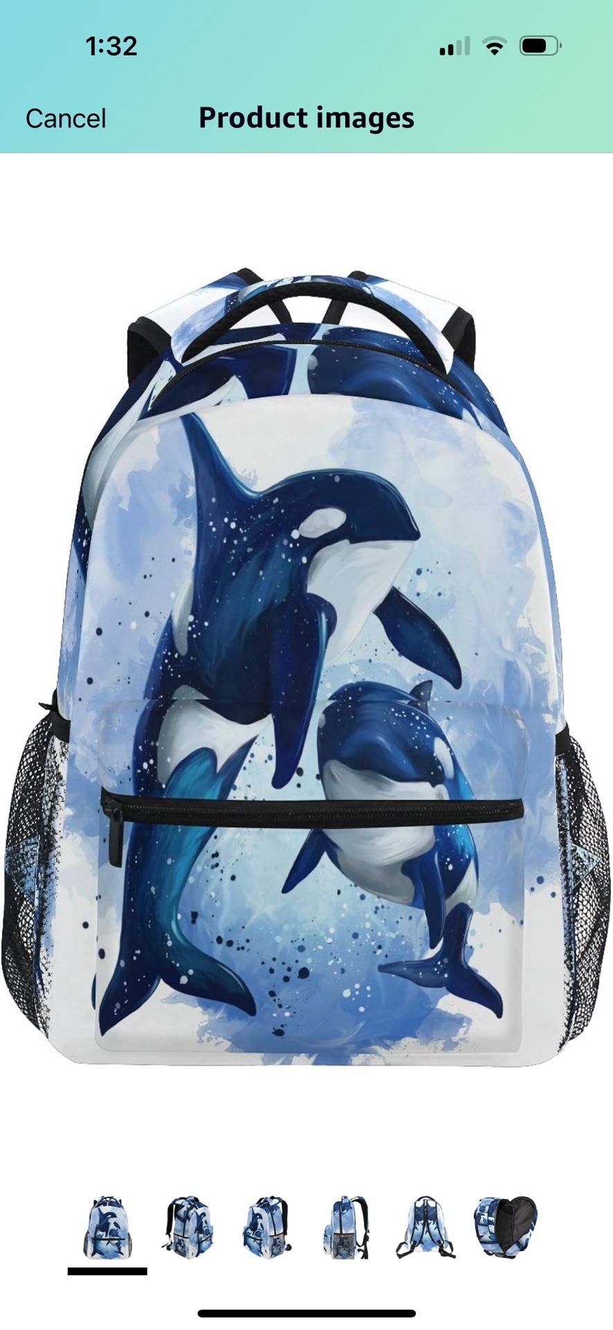 AUUXVA Kids Backpack Killer Whale School Shoulder Bag Ocean Watercolor Large Waterproof Durable Bookbag Laptop Daypack for Students Teens Girls Boys E